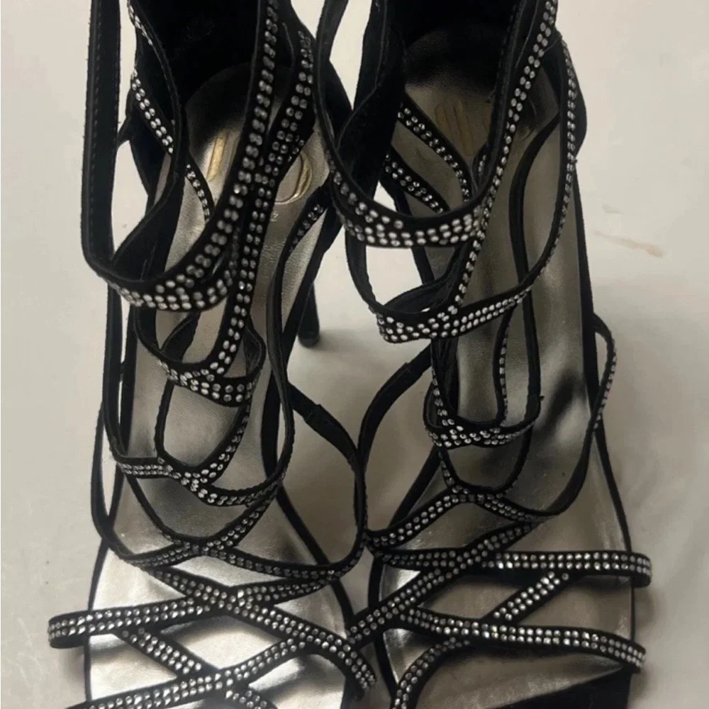 Elegant Black JLO Black And Rhinestone Strappy Heels. Size 10 Strappy Heels - Picture 2 of 6